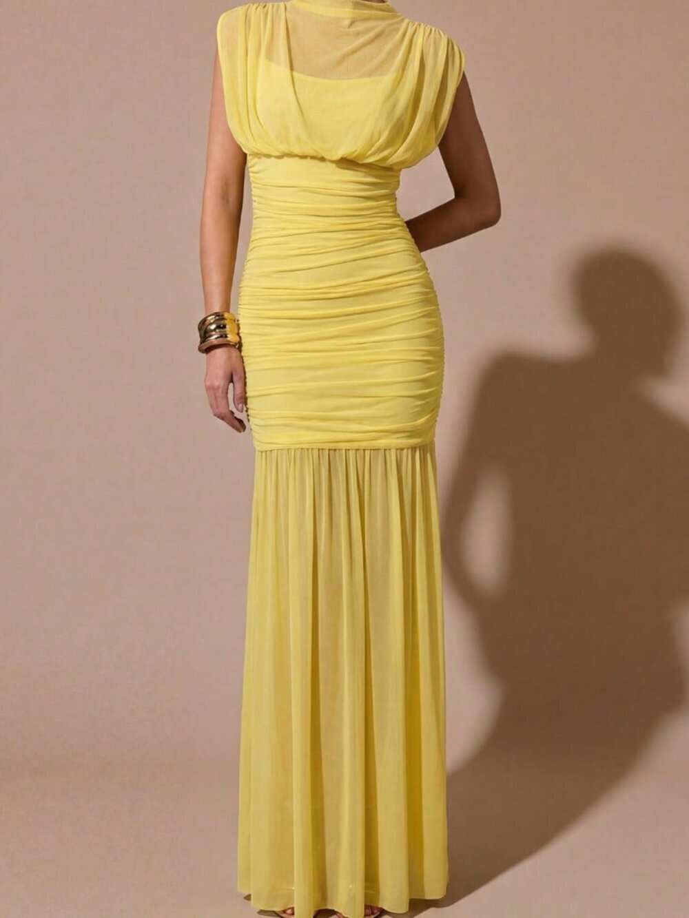 Yellow Elegant Women's Wrap Shawl Sheer Ruched Mini Dress - Picture 4 of 6